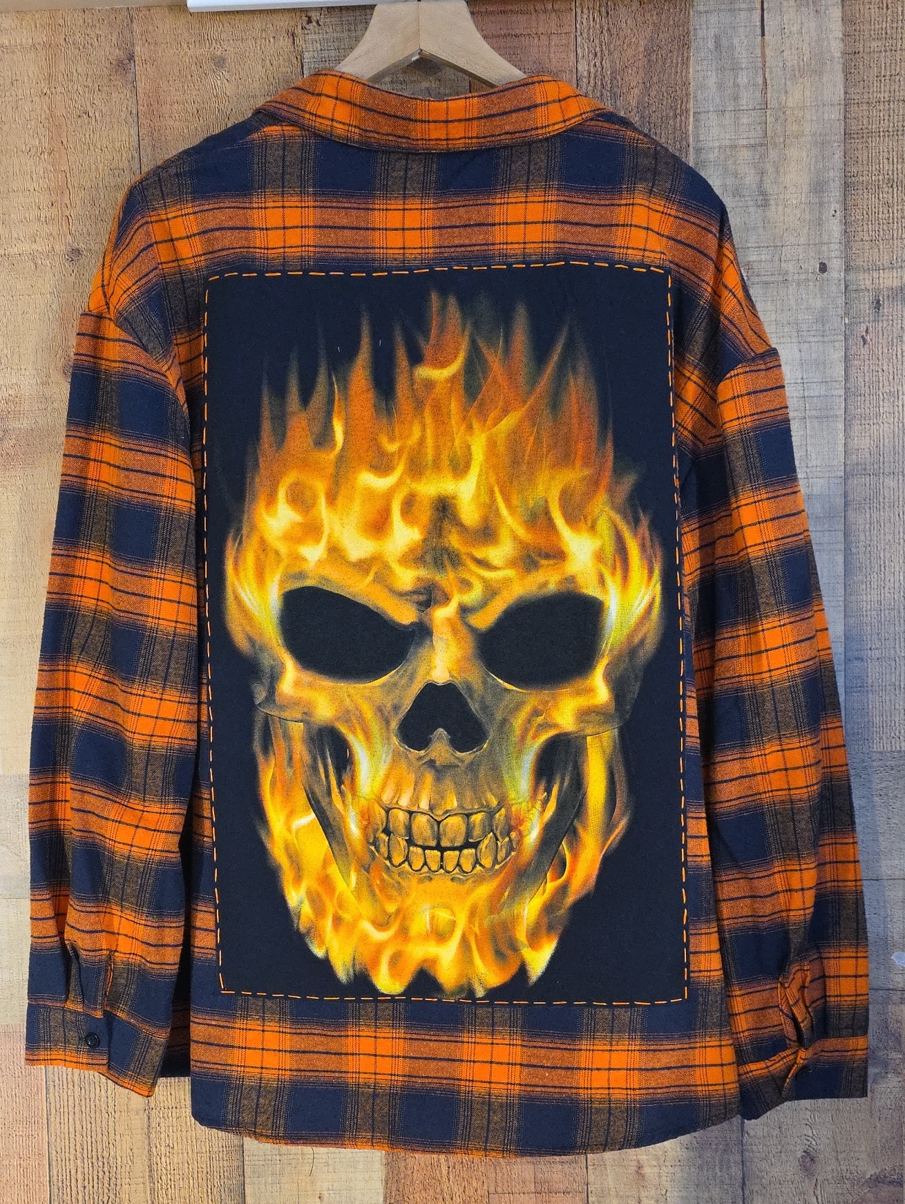 Orange & Blue Plaid Button-Down Shirt With Fiery Skull Back Panel